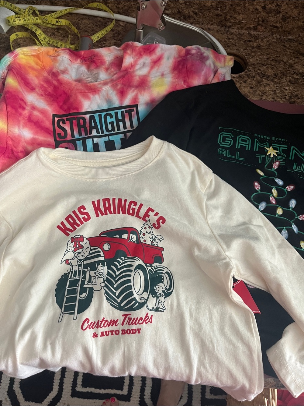 3 shirts 2 Holiday Time White Kids Long-black long sleeve with tags 1 tie dyed